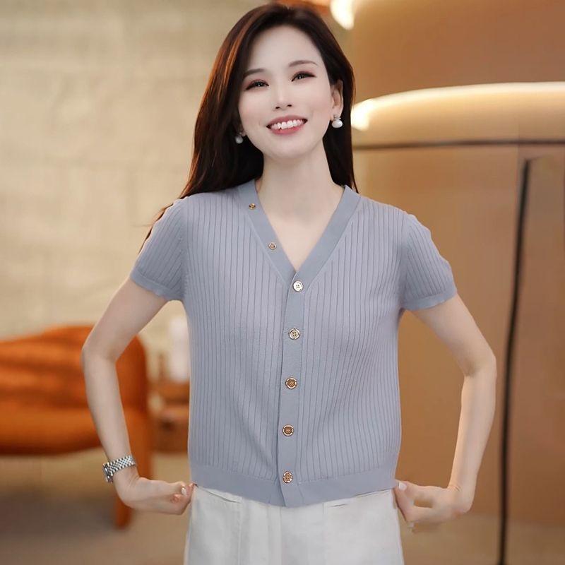 

Summer thin breathable ice silk short-sleeved knitted cardigan women s new solid color versatile and thin foreign top Free size (recommended 42.5-65kg ) серый