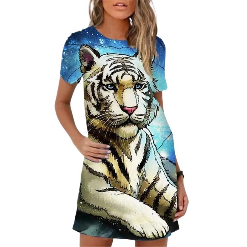 

Платья с тигровым принтом для женщин, повседневное винтажное платье с 3D-принтом, женское модное платье с коротким рукавом и большими размерами, летняя одежда XL