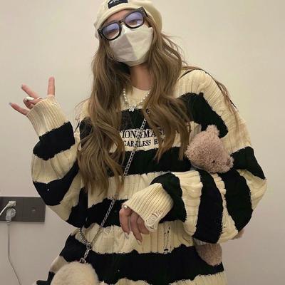 Sweter z dzianiny w paski w stylu vintage damski Harajuku Retro wyszywane litery sweter moda luźna na co dzień Hollow Out Y2K topy