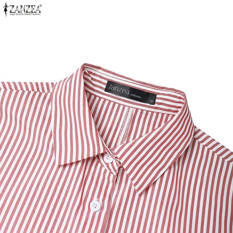 ZANZEA Women Casual Turn Down Collar Long Sleeve Loose Stripe Dress