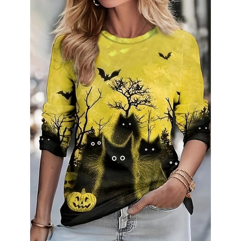 Sudadera de Halloween para Mujer Diseño Redondo Manga Larga Holgada Casual Otoño Gradiente Telaraña Divertido Estampado de Patrón Tops