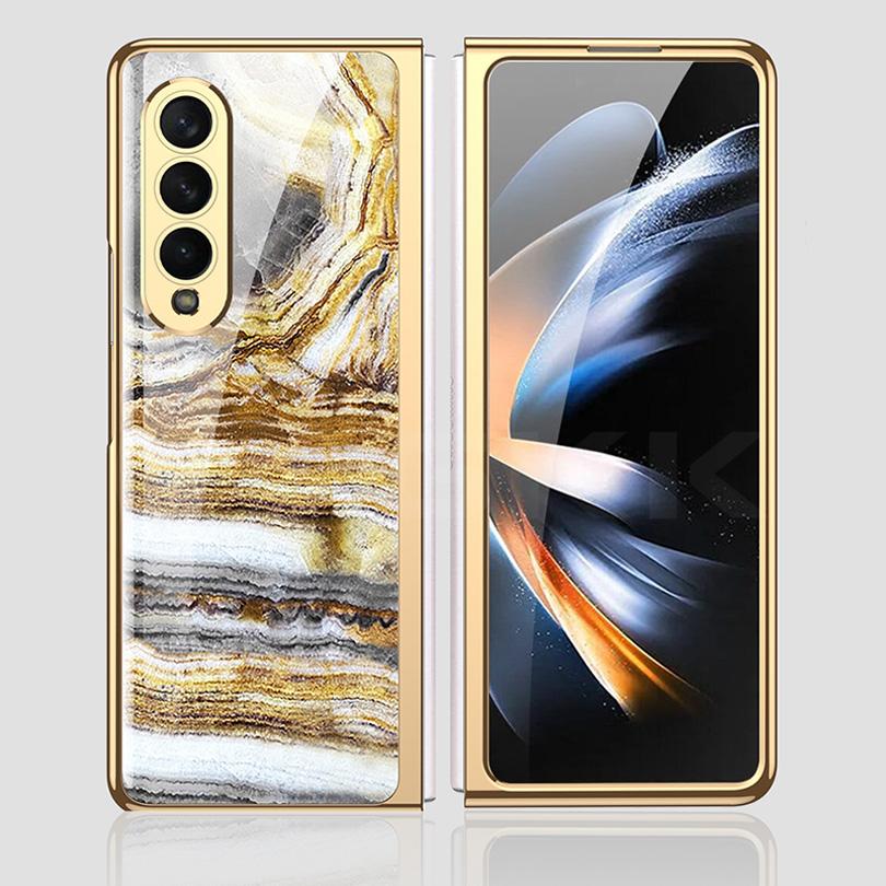 Luxury Plating Frame Case For Samsung Galaxy Z Fold 4 5G Painted Pattern Tempered Glass Hard Cover For Galaxy Z Fold5 4 3 Case