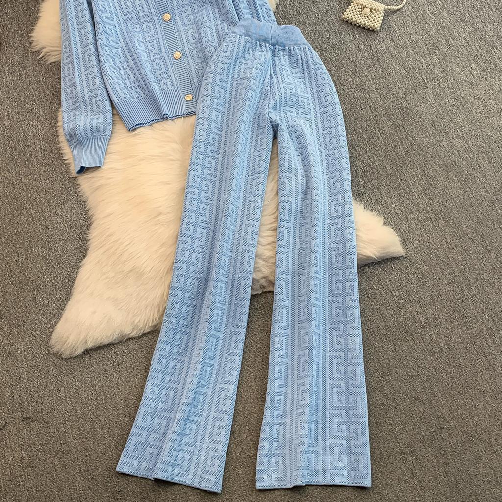 Jesień Zima Damski Designerski Wzorzysty Dzianinowy Sweter Spodnie Dwuczęściowy Zestaw Długi Rękaw Jednorzędowa Kurtka Top i Spodnie z Elastycznym Pasem Dres