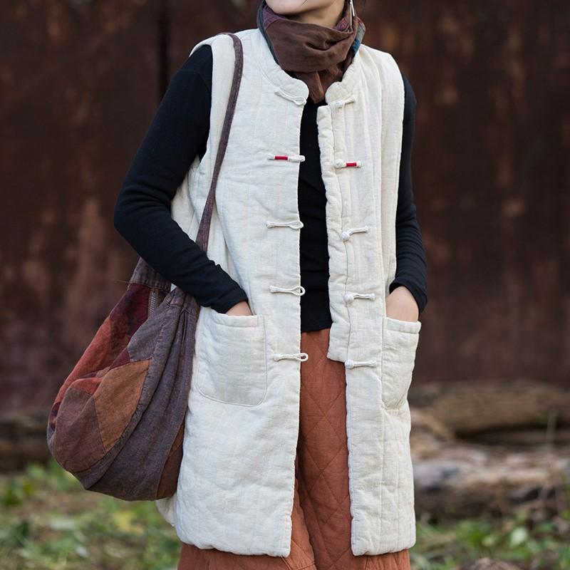 Johnature Women Vintage Winter Sleeveless Vests Coats Stand Solid Color Chinese Style Warm Cloths Button Pockets Coats
