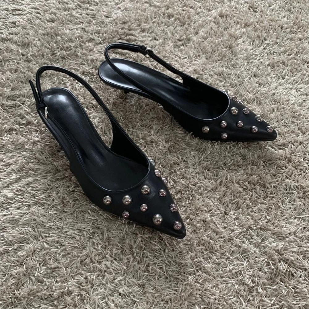 

Новые летние женские босоножки с металлическими заклепками на высоком каблуке, элегантные туфли с открытой пяткой и острым носком, туфли-лодочки для вечеринки 35