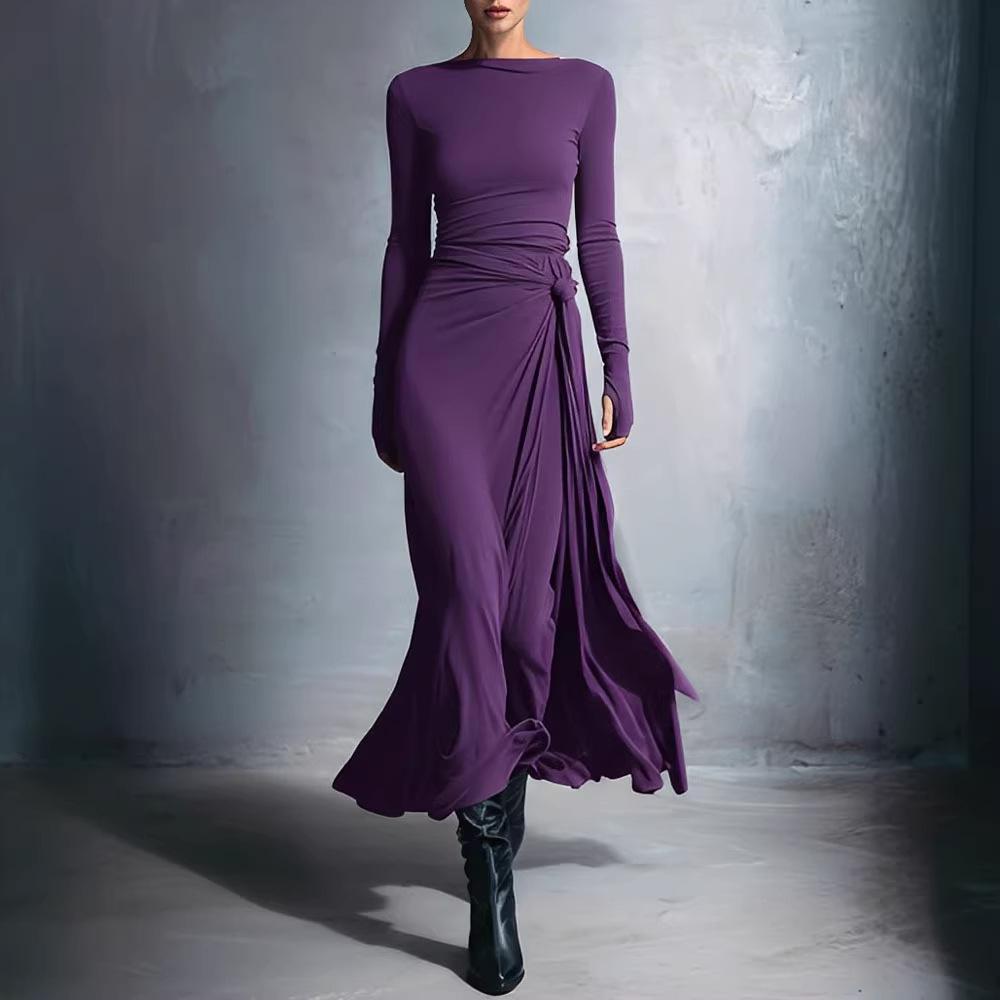 2025 Women's Autumn/Winter Solid Color Long Sleeve Wrap Dress with Knot Detail