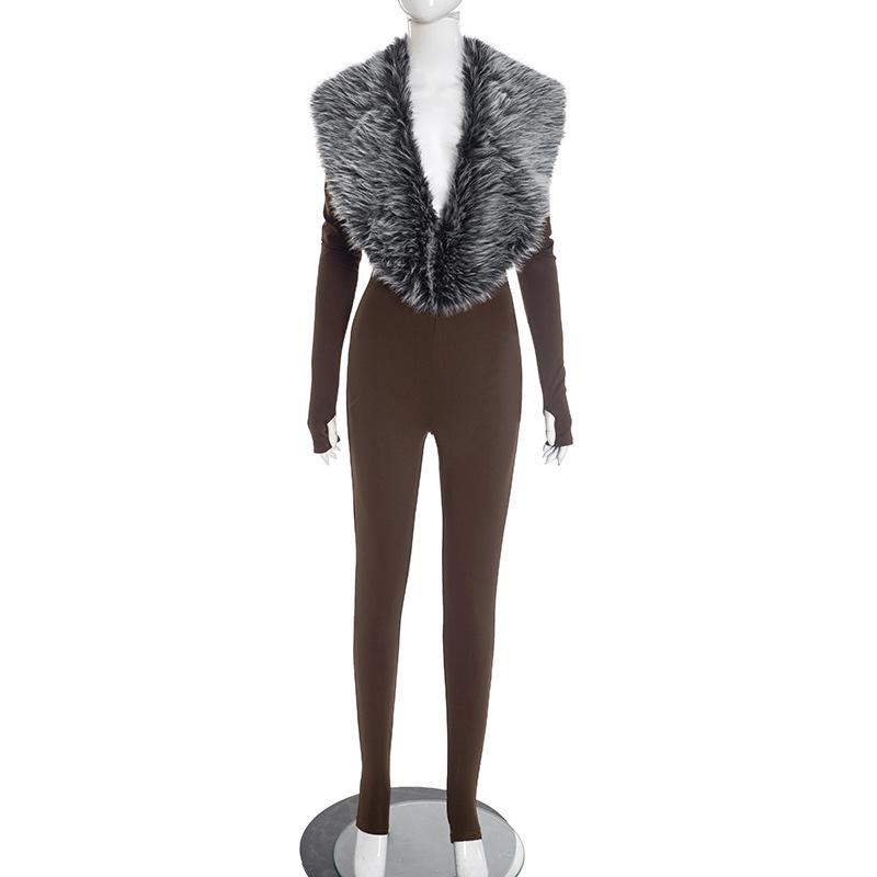 European Fashion Spicy Girl Autumn/Winter 2025 Women's Long Sleeve Fur Bodysuit Tights