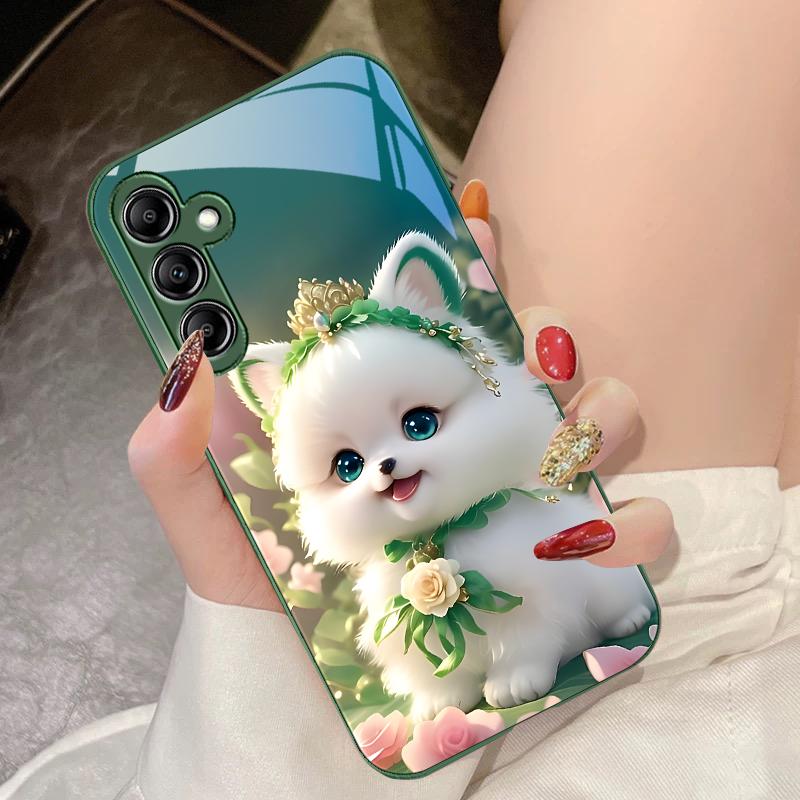 Cute Little Dog Green For Samsung Galaxy A14 4G 20 30 52 20S 21S 22 A32 33 34 42 50 51 53 54 70 71 72 73 5G Glass Phone Case