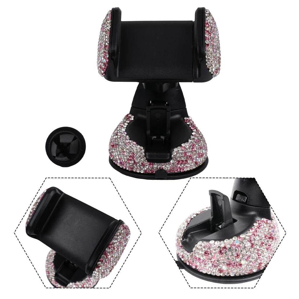 Dashboard Phone Holder Girls Car Interior Mobile Mount Pink Plastic Rhinestones Stylish Accessories Adjustable