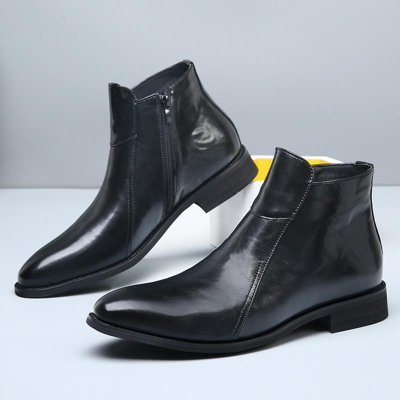 Fashion 2025 New Designer British-style Chelsea Boots for Men Solid Color Side Zipper Pointed Toe High-top Cow Leather Shoes Boots Man
