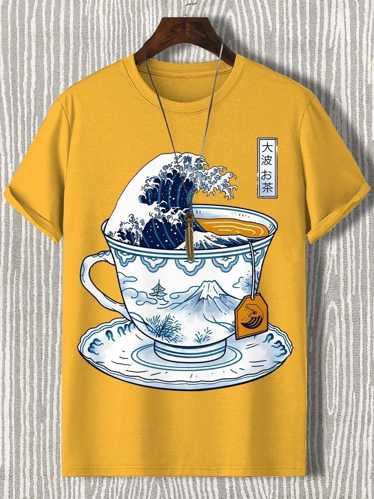 Summer Men's Japanese Teacup Harajuku Pattern Printed 100% Pure Cotton Casual Short-sleeved T-shirt Street Fashion Clothing