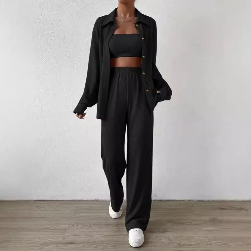 Autumn and Winter Solid Color Button Cardigan Lapel Casual Fashion Women's Two-piece Set