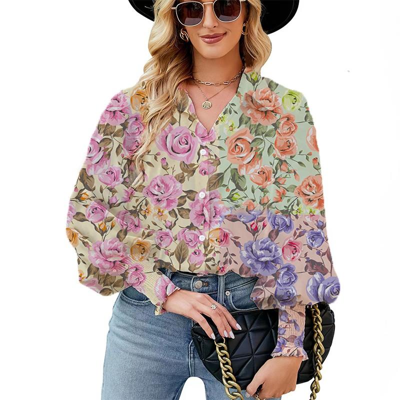 

Европейская и американская женская рубашка с длинным рукавом, пышный рукав, 3D-цифровая печать, свободная повседневная рубашка с лацканами