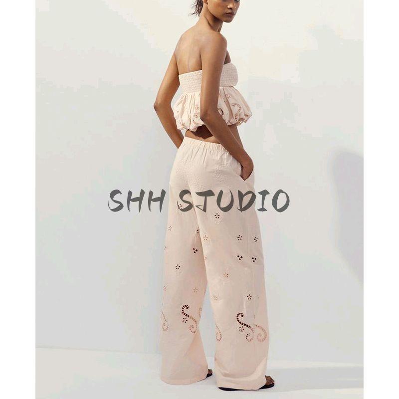 Summer New Balloon Version Tops 7200007 Embroider Cotton Mid Waist Casual Pants 7200406