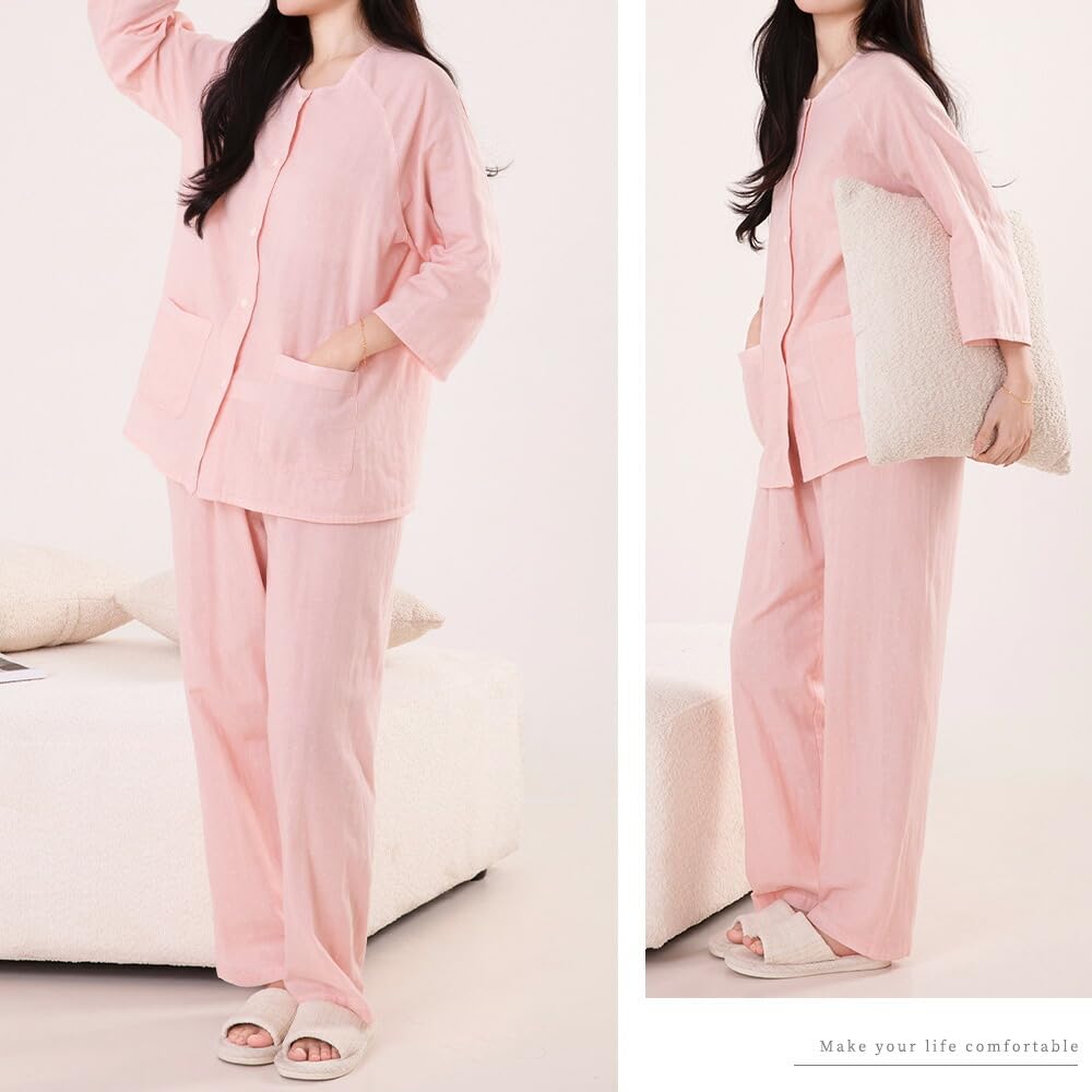 Yes Family Double Gauze Pajama Polka Dot Size Pink Polka Dots Women's Set, 100% Cotton, 3/4 Sleeves, Pattern, M,