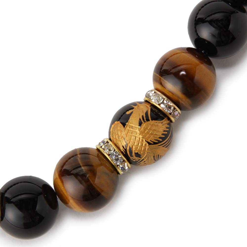 Ishiki 4A Gold Carved Dragon Onyx 20mm Necklace with Natural Tiger Eye Stones (16mm) Good luck with money, career, and wealth. Includes original