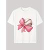 Kids Baseball Crewneck Tee, White Base Cute Pink Bow & Baseball Print Casual Daily Short Sleeve Top