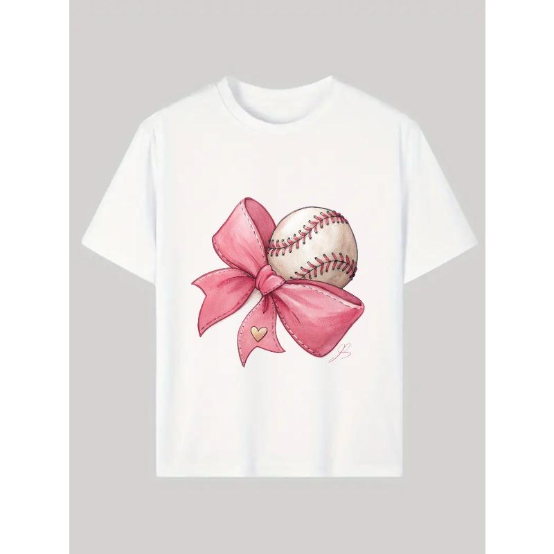 Kids Baseball Crewneck Tee, White Base Cute Pink Bow & Baseball Print Casual Daily Short Sleeve Top