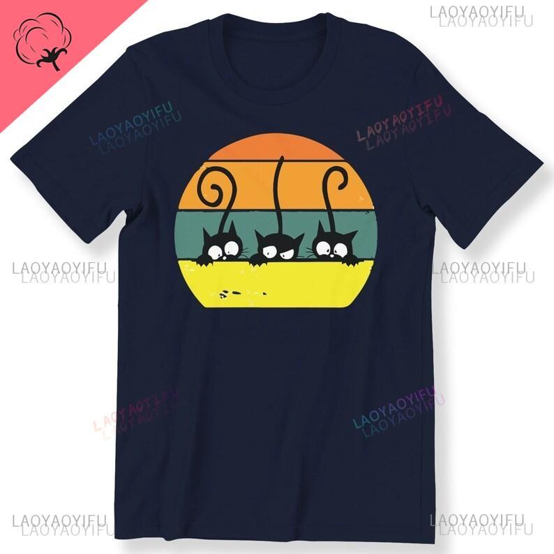 Three Cat Retro for Men Women and Kids Printed Tshirt Black Cute Cats Retro Cat Lovers Top Graphic Tee Retro Cotton Streetwear