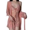 Women Pajamas Set Deep V Neck Homewear Low Cut Half Sleeves Women Pajamas Belt Set for Sleeping