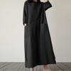 Maxi Abito da Donna in Cotone e Lino Manica Lunga Scollo Rotondo Vestibilità Ampia Tasche Grandi Spacco Laterale Casual Elegante Primavera Estate Vacanza Uso Quotidiano Abito da Sole