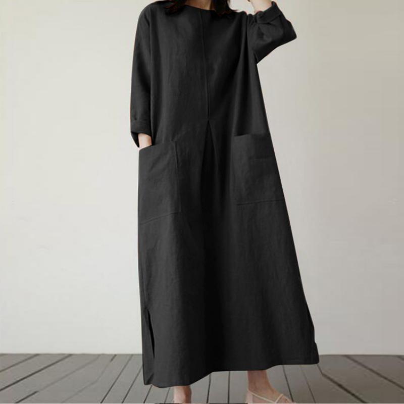Maxi Abito da Donna in Cotone e Lino Manica Lunga Scollo Rotondo Vestibilità Ampia Tasche Grandi Spacco Laterale Casual Elegante Primavera Estate Vacanza Uso Quotidiano Abito da Sole