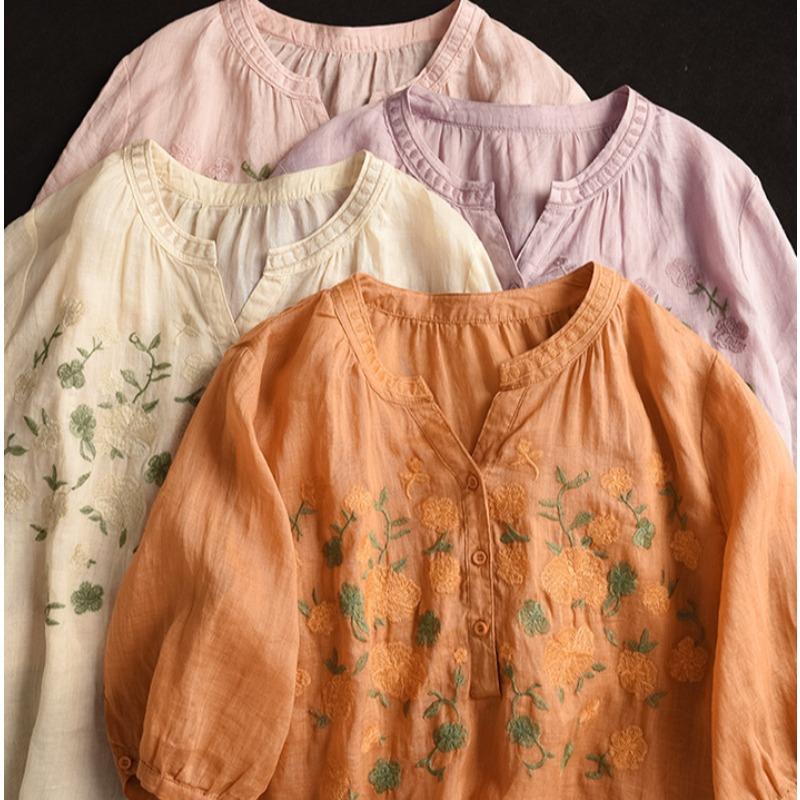 DIMANAF 2025 Summer Plus Size T-Shirt Women Embroidery Short Sleeve V-Neck Vintage New Loose Tops Tees Maxi