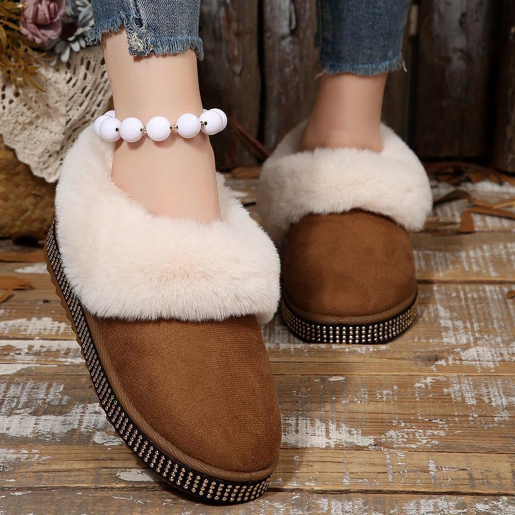 Thick-soled velvet thickened warm foreign trade snow boots 2025 winter new round head one-pedal rhinestone decorative fluffy shoes