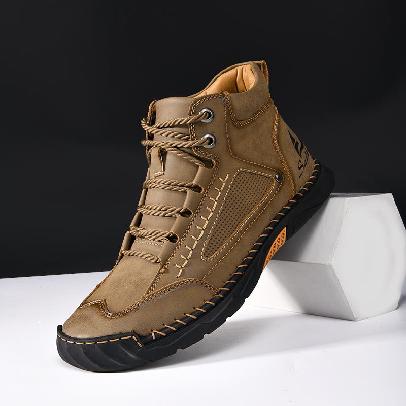 Handmade Leather Mens Ankle Boots Booties Casual Leather High Top Shoes Outdoor Man Motorcycle Boots Sneakers Comfy Hiking Boats