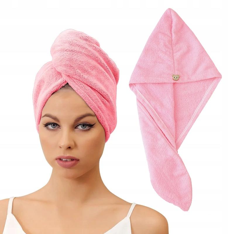Hair Drying Towel Head Cap Bear Clip Microfiber Pink