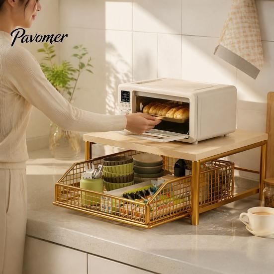 Durable Coffee Maker Holder Storage Rack with Drawer, Two Tier Countertop Organizer, Wood Snack Organizer for Closet Top And Metal Basket Kitchen