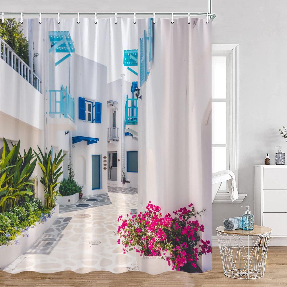 Greek Town Shower Curtain Greek Street View Sea View Blue Door Greece Scenery Bathroom Curtain Flower Plant Bath Decor with Hook