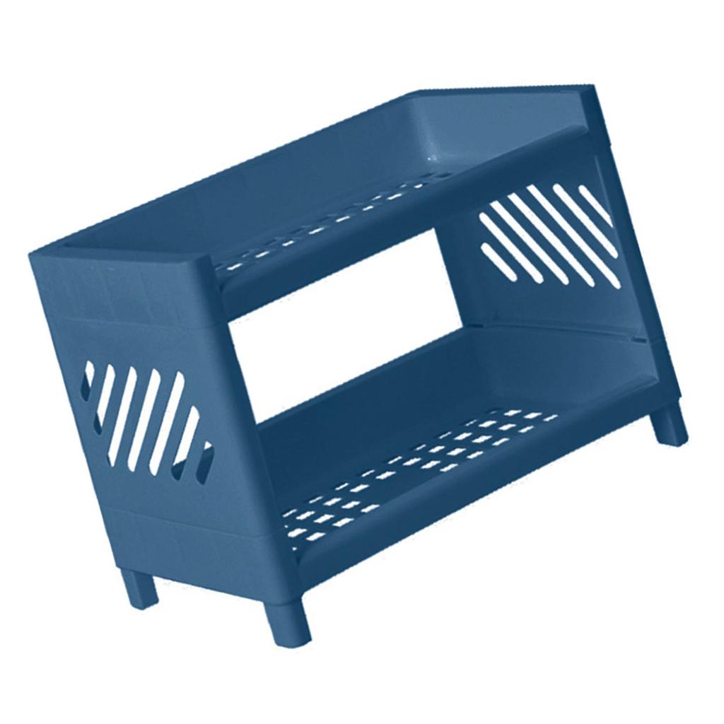 2 Tier Desktop Shelf Plastic Desktop Storage Organizer Rack for Bedroom Dorm Office Navy Blue