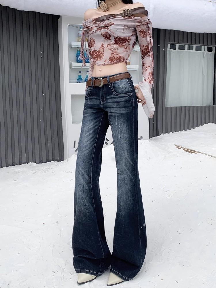 Women s Low-Rise Blue-Gray Retro Flare Jeans - Slim Fit Bootcut 2X Large темный сине серый