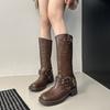 Kitten Heel Single Boots Women's Autumn New Square Toe Rivet Metal Buckle Anti-slip Wear-resistant Block Heel Mid-leg Boots