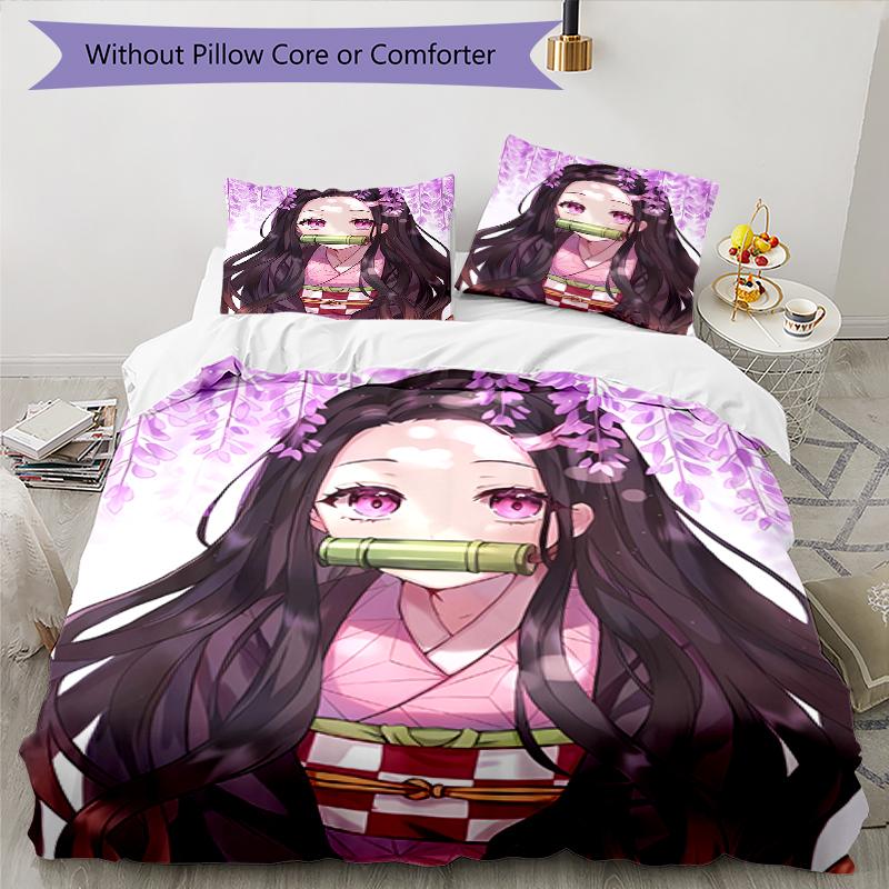 3pcs Demon Slayer Nezuko Pattern Bedding Set Duvet Cover Set Includes Duvet Cover &pillowcases, Perfect All Season Bedroom Decoration & Gift