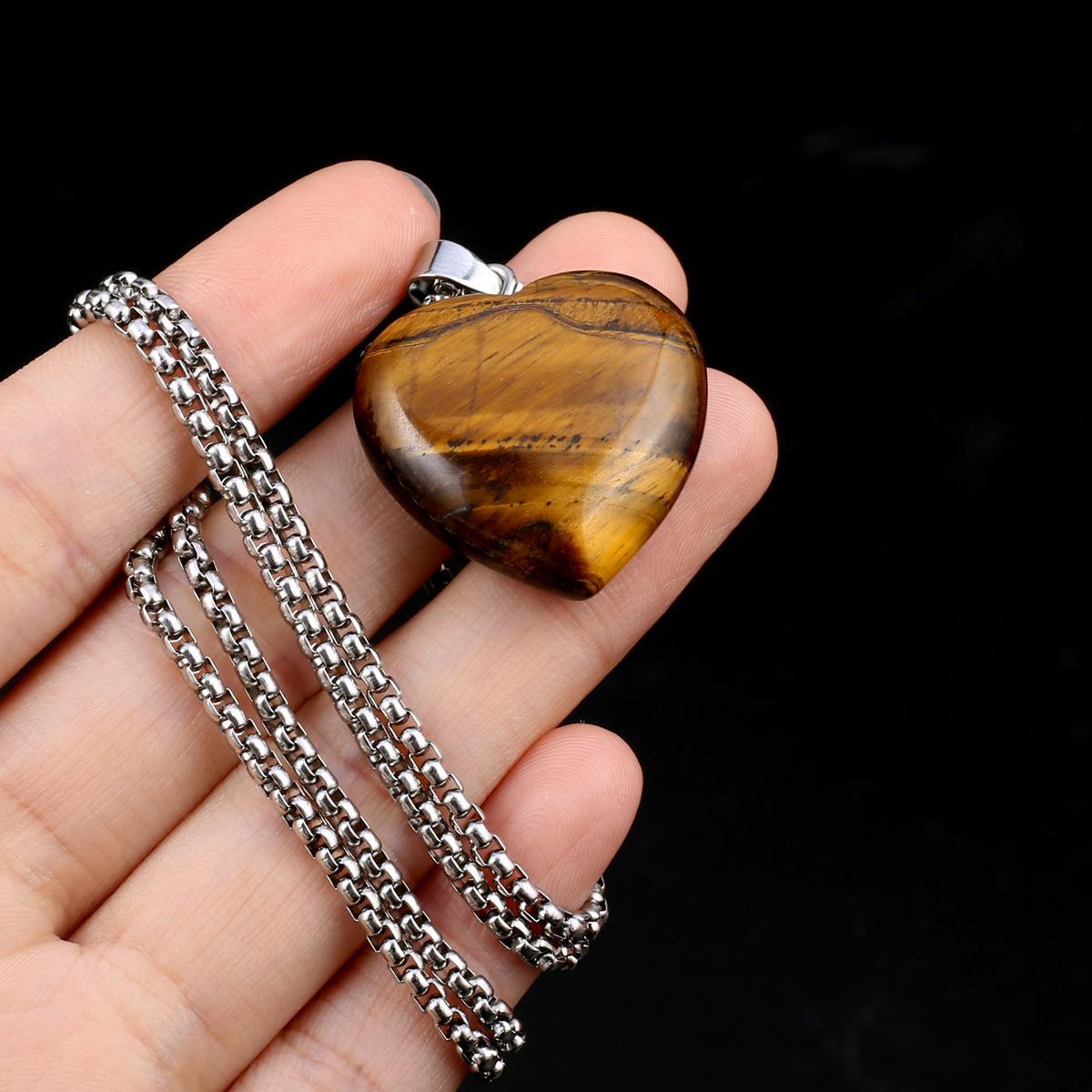 

1 шт. в партии, ожерелье из натурального камня, кулон в форме сердца, кристалл, аметист, агат, опал, цепочка из нержавеющей стали, ожерелья для женщин, ювелирные изделия 30x30x10 мм 1Pcs/Tiger Eye Stone