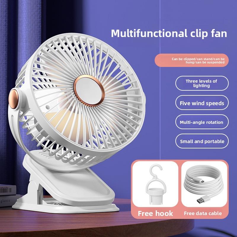 4 in 1 Clip Fan 5 Speeds 3 Night Lights 720° Rotation USB Rechargeable Brushless Motor Ultra Quiet for Home Office Dorm Camping