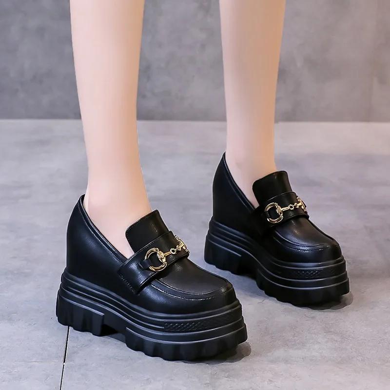 Fashion 11CM Spring Autumn Heels Leather Chunky Shoes Classic Women High Platform Sneakers Black Tennis Female Vulcanized Shoes Woman