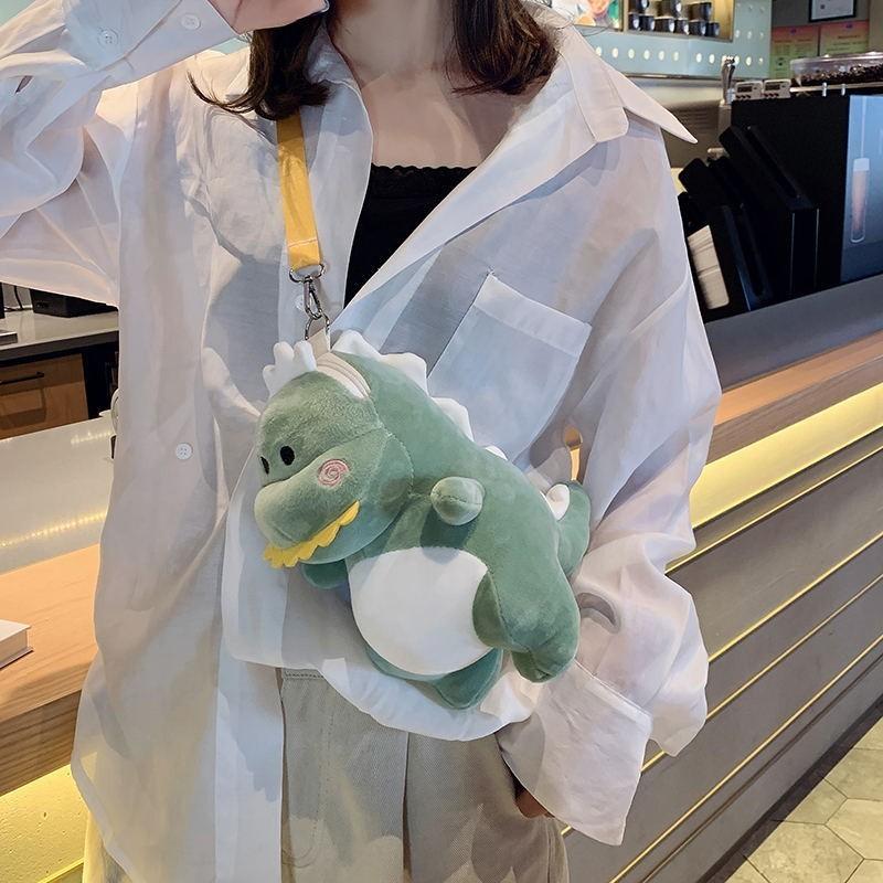 Bolsa Transversal de Pelúcia Adorável de Dinossauro Verde Estilo Contemporâneo Fofo Para Meninas