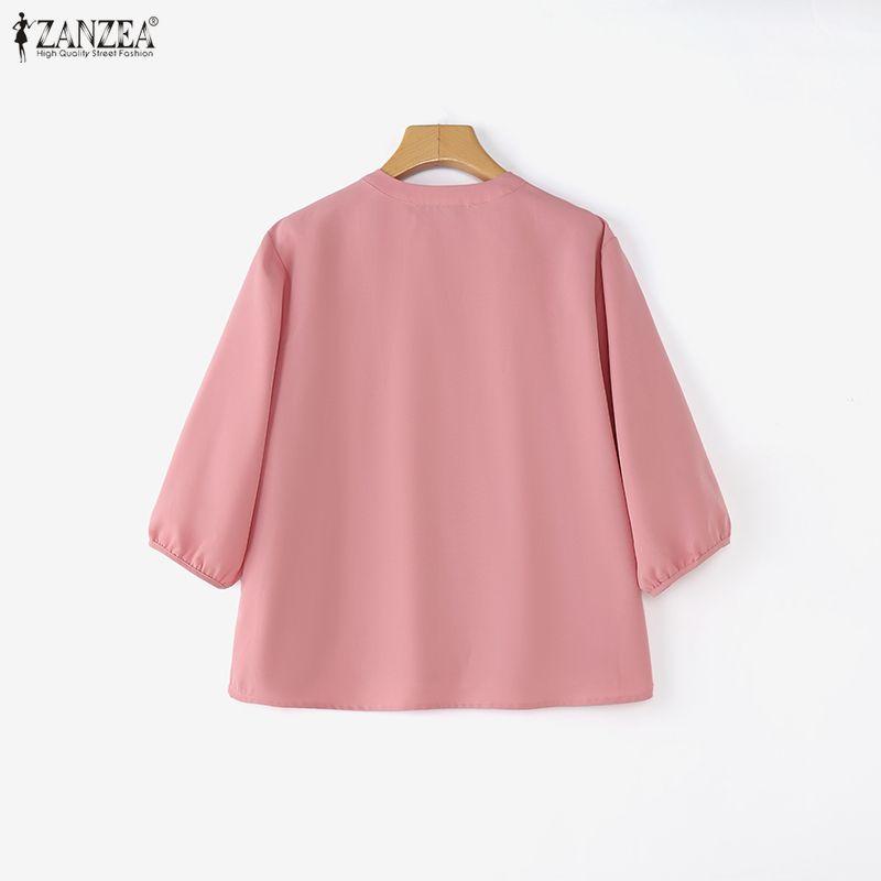 ZANZEA Kobiety Casualowy Okrągły Dekolt Jednolity Kolor Luźna Bluzka z Długim Rękawem