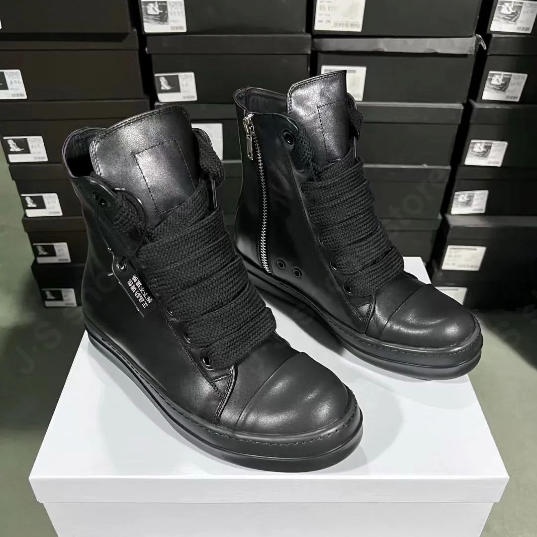 

R-o Мужские кроссовки Полностью черные кожаные туфли Женские высокие повседневные туфли Ретро дизайн Ботильоны Джамбо шнурки Ботинки Кроссовки на плоской подошве 48 чёрный