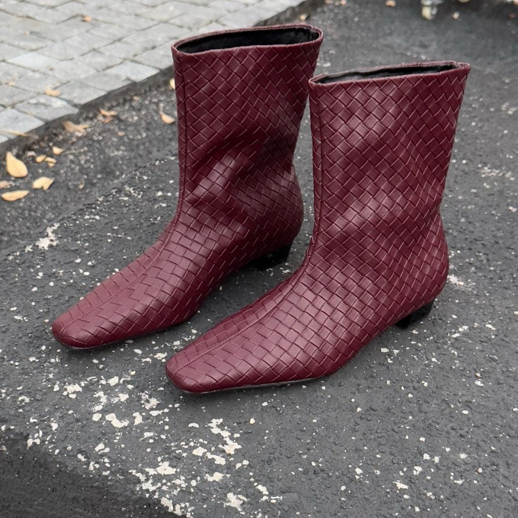 2025 Autumn and Winter New Small Square Head Thick Heel Low Tube Thin Martin Plaid Women's Short Boots