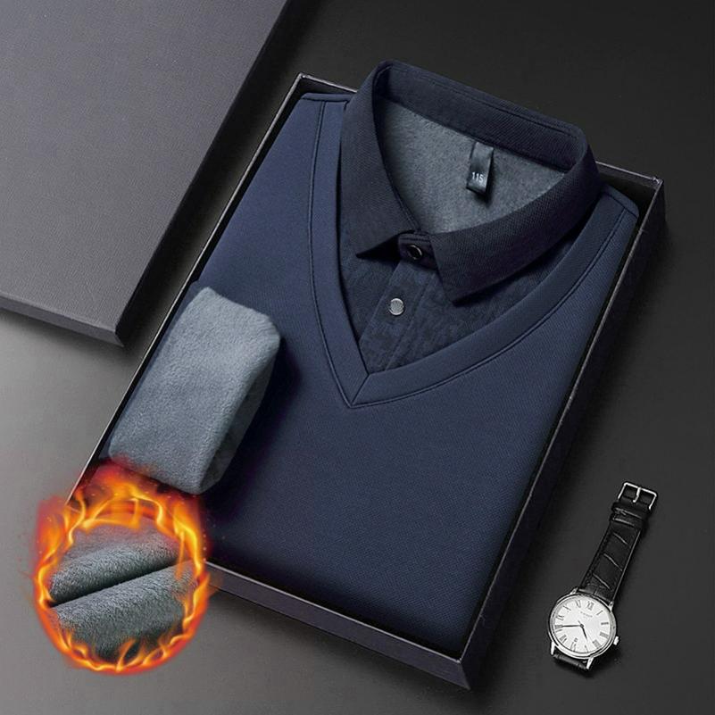 Plus Velvet Men's Long-sleeved T-shirt Winter Vacation Two-piece Middle-aged Lapel Thickened Warm T-shirt Men's Bottoming Shirt