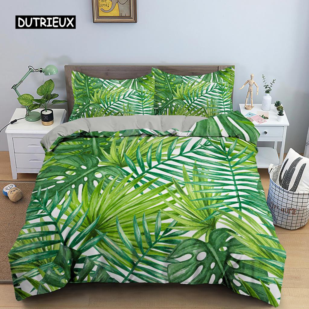 Tropical Plant Bed Linen Collection Green Leaves Quilt Cover with Zipper Closure Comforter Cover Queen Size King Dimension Full Polyester Fabric Quilt