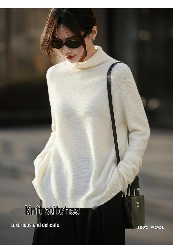 Women's Wool Pile Collar Sweater Base Layer: Solid Color, Long Sleeve, Split Hem - New Autumn/Winter Collection