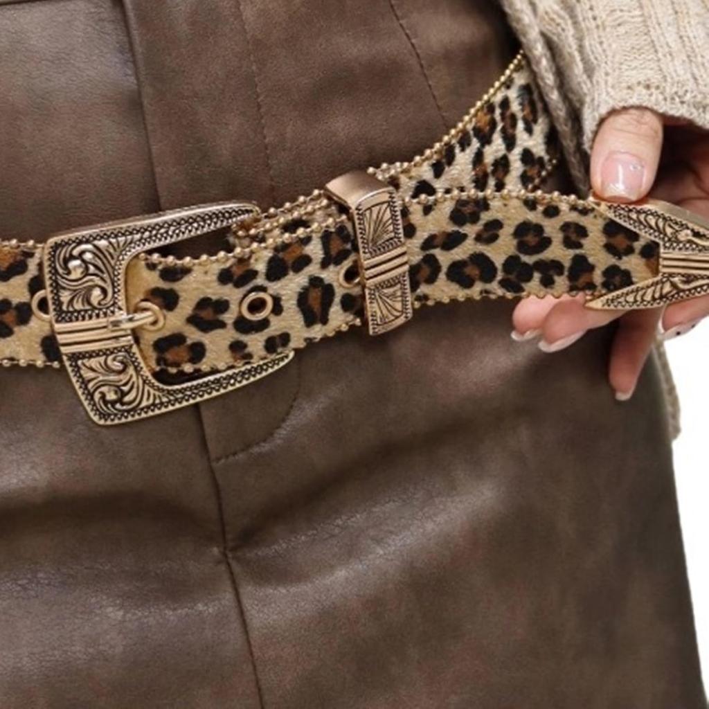 Western Leopard Animal [Lamerry] Belt, Print, Studs, Y2K, Vintage, Punk, Girl, Street, Leather, 108cm, Gold, Men's, Women's