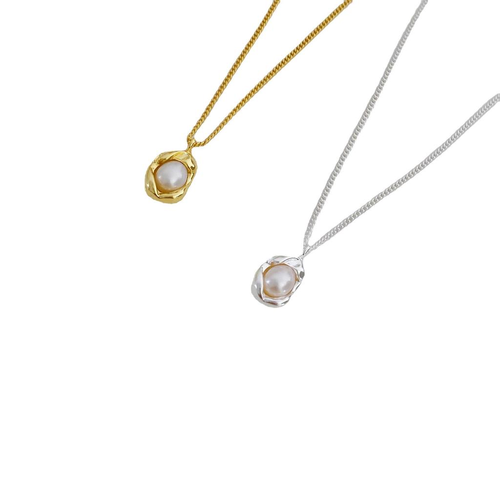 Japanese & Korean Minimalist Peanut Pearl Necklace: Gold/Silver Clavicle Chain with Children's Lock