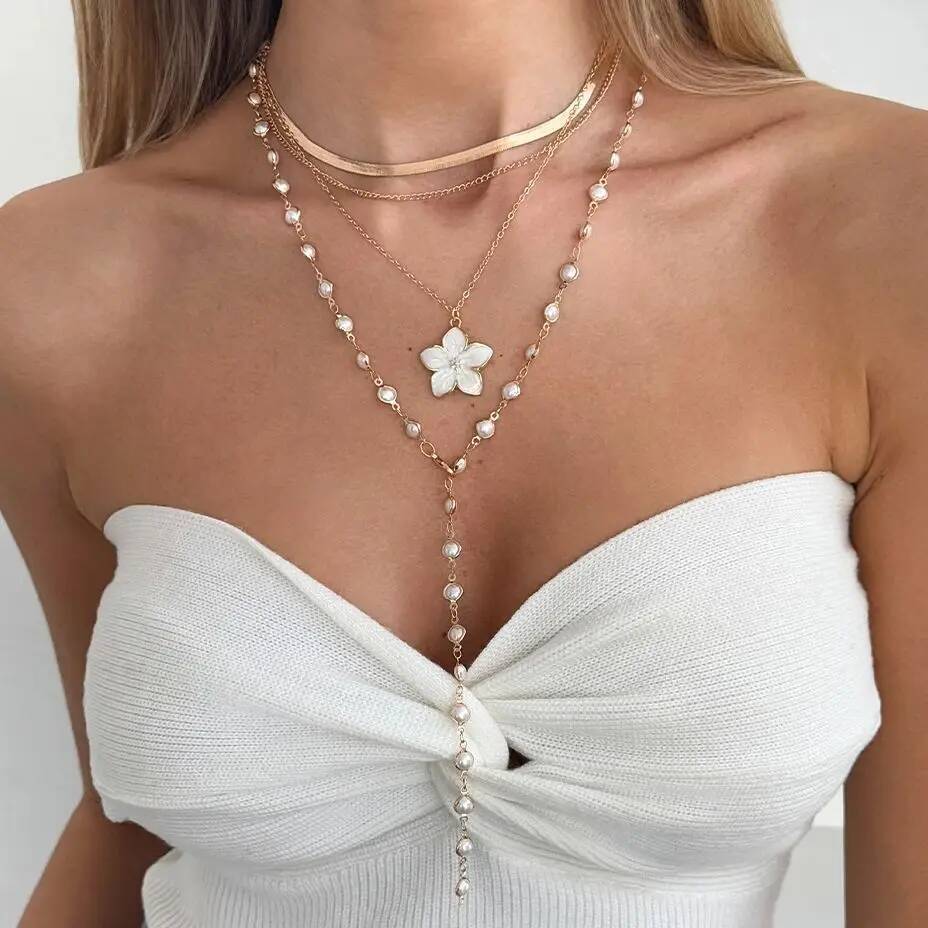 SHIXIN 4Pcs/Set Fashion Elegant Flower Pendant Necklaces Women Vintage Simple Crystal Chain Choker Daily Party Jewelry Gift 2026