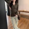 Elegant Korean Style Grey Slim Fit Lapel T-shirt: Women's Autumn/Winter Long Sleeve Base Layer Top